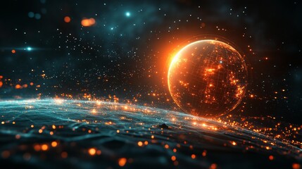 Wall Mural - galaxy and nebula. an image of a glowing planet in outer space in orange with a mesh pattern. abstra