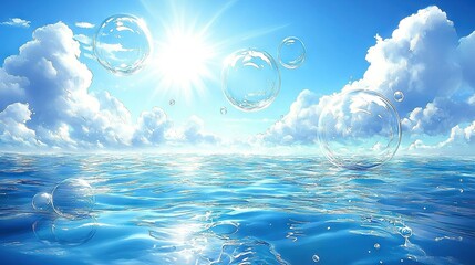 Canvas Print -   Soap bubble painting on water with sun shining through clouds