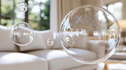 Sticker -  A white living room, adorned with plush sofas, boasts a floated, iridescent bubble