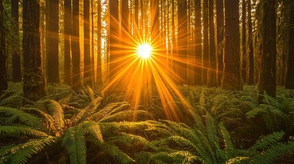 Poster -   Sunlight filters through the dense forest, illuminating the ferns in the foreground and casting shadows on the trees behind