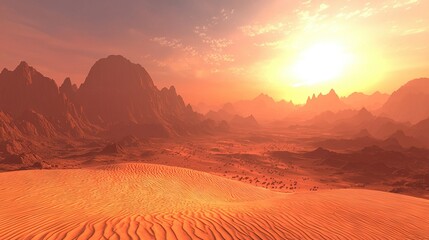 Poster -   An image of a desert landscape featuring a mountain range and a distant sunset