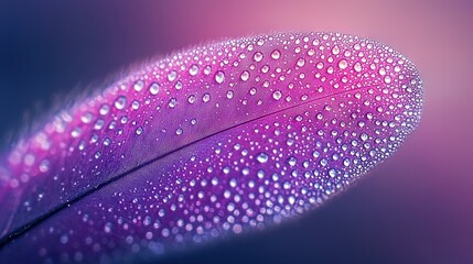 Wall Mural -   Close-up shot of a purple feather with droplets of water on the feathers Feathers are adorned with water drops