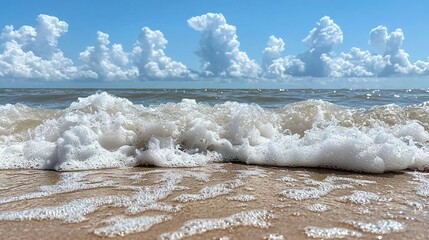 Wall Mural -   A blue sky with puffy white clouds serves as the backdrop for a wave rolling onto a sandy beach during a sunny day