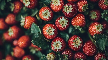   A close-up of juicy strawberries with emerald leaves and vibrant red berries adorned with snowy blossoms and verdant foliage