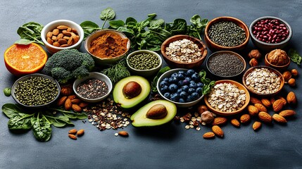 Poster -   A colorful array of fruits, veggies, and grains adorns a gray table against a dark background