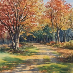 Wall Mural - Road in colorful forest at sunset in autumn. Beautiful landscape with roadway, blue sky, trees with red and orange leaves in fall. Travel