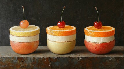 Poster -   A painting of three oranges, one with a cherry on top, and one with a cherry on top