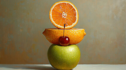 Wall Mural -   A painting of apples, oranges, and cherries stacked on top of each other