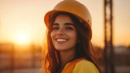 Mixed race female construction worker with professional portrait, copy space