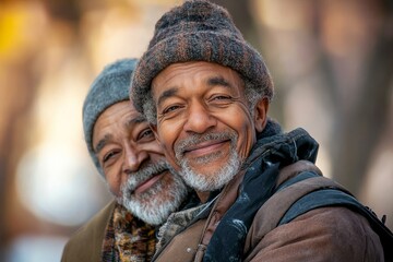 A joyful happy black man embraces a smiling senior gay african american couple in nature.