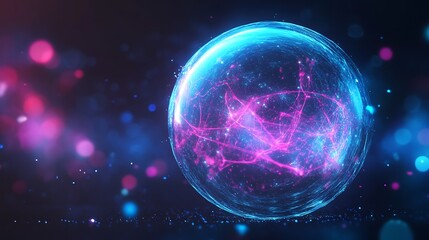 Wall Mural - A glowing orb with a swirling pink energy inside on a dark background with bokeh.