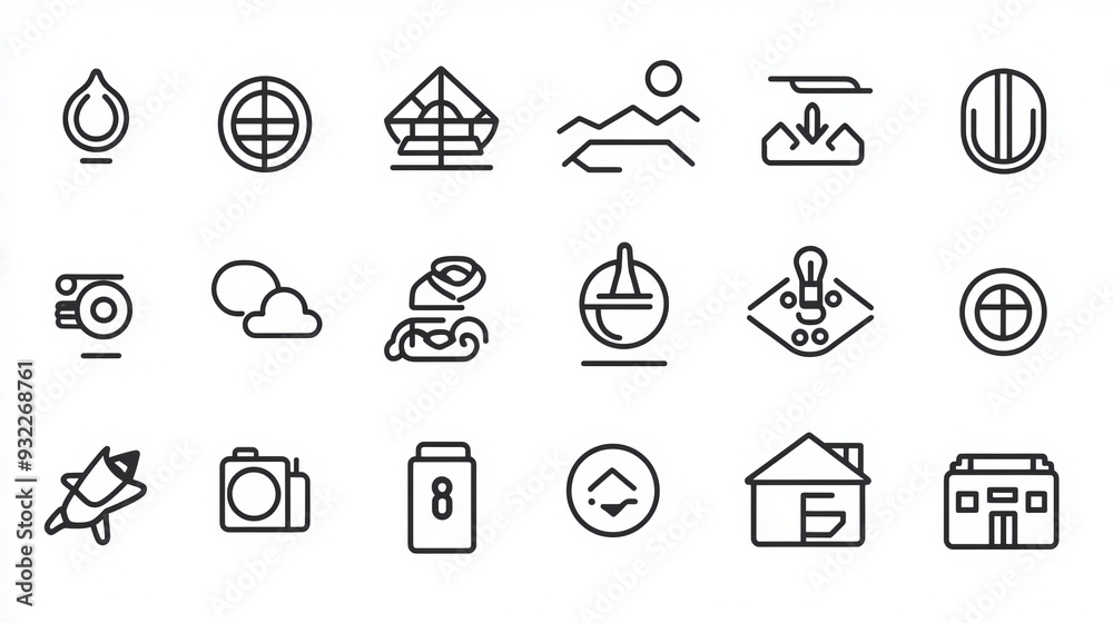 Themes Pictogram A collection of 100 pictograms in line style, featuring a touristic ...