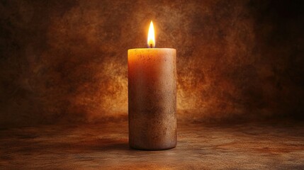 Wall Mural -   A lit candle placed atop a table, adjacent to a brown wall, casting a shadow