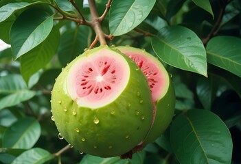 Wall Mural - red apple on a green leaf