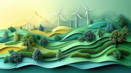 paper art style renewable energy illustration wind turbines green fields layered paper textures environmental infographic elements