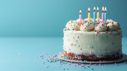 Wall Mural - pastel blue backdrop with a decadent birthday cake adorned with colorful candles and sprinkles creating a joyful celebration scene