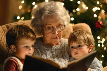 Wall Mural - Magical Christmas Storytime with Grandma. A touching holiday moment as an elderly woman reads a festive story to her grandsons, surrounded by the warmth of holiday lights and decorations.
