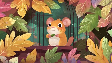 Sticker -  Mouse in cage, birdcage w/green apple