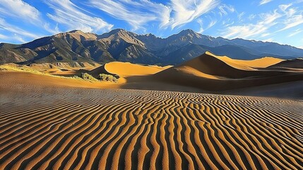 Wall Mural -  Sand dunes with mountains in the background under a blue sky and wispy wisps