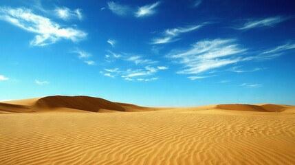 Poster -   A panoramic view of endless sand dunes bathed in blue skies and surrounded by thin, wispy clouds