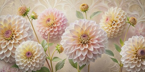 Beautiful dahlias in delicate pastel colors with gold decorations on decorative wallpaper, dahlias, flowers