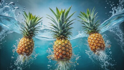 Ripe pineapples falling into water, pineapple, fruit, tropical, ripe, juicy, splash, water, fresh, healthy, organic, exotic