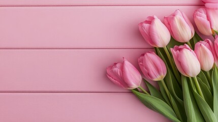 Canvas Print - Pink tulips arranged elegantly against a soft pink brick wall