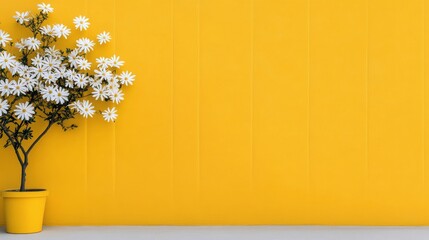 Canvas Print - Potted white flowers against a vibrant yellow wall in a bright indoor setting