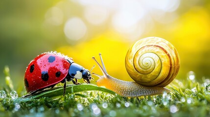 Wall Mural -   A snail perched atop a green foliage, adjacent to another red and black snail also resting on the same green leaf