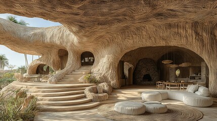   A cozy living room adorned with plentiful furniture, nestled beside a majestic cave-like structure featuring an ascending staircase