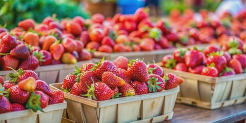 Fresh organic strawberries on display at a farmer's market stand , organic, strawberries, vibrant, market, healthy, red