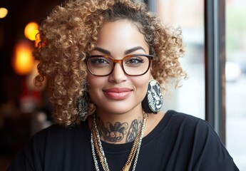 The happy young black woman working remotely on her laptop in a cafe. The black remote worker laughing with colleagues during a virtual video call team meeting. The freelancing digital nomad in a