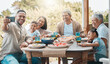 © peopleimages.com - Selfie, smartphone and family outside for pizza lunch with happiness or bonding on visit, guest and excited. Mature parents, home and table with food or meal, smile and fun on holiday with memories