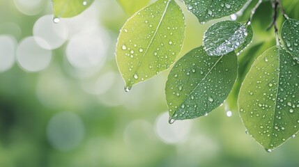 Canvas Print - Fresh green leaves with water droplets glistening in the morning light