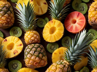 Wall Mural - A vibrant tropical fruit salad in a carved pineapple and pineapple bowl.