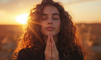 Poster - A beautiful woman prays with her hands folded in front of her chest, eyes closed and head tilted up to the heavens