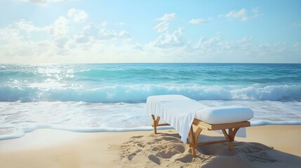 Tranquil beach scene with relaxing sand massage table