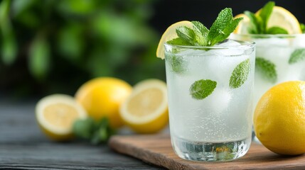 Wall Mural - Refreshing lemon mint drinks served with fresh lemons and herbs in bright kitchen setting