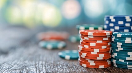 Wall Mural - Stacks of colorful poker chips on a wooden table with blurred background lights