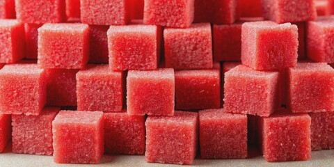 Detailed view of red sugar cubes stacked closely together, red, sugar cubes, stacked, close, together, food, sweet, ingredient