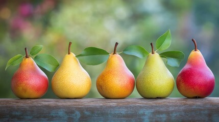 Wall Mural - Fresh green pears nestled among vibrant leaves on a rustic wooden table