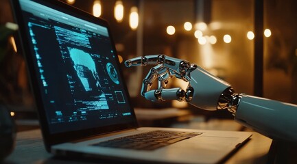 Poster - Robotic Hand Interacting with Laptop Futuristic Technology Artificial Intelligence