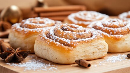 Wall Mural - Freshly baked cinnamon rolls on a wooden board with a sprinkle of powdered sugar