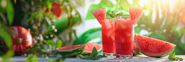 Wall Mural - Chilled watermelon juice served in a glass with fruit slices on the table.