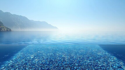 Sticker -   A vast expanse of water with jagged boulders below, and a towering mountain fading into a cerulean sky