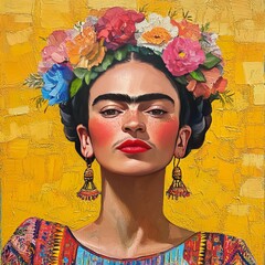 Wall Mural - Portrait of a woman with floral headdress and vibrant attire.