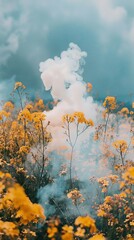 Wall Mural - a cloud of smoke is floating over a field of yellow flowers