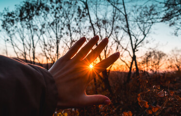 Wall Mural - The rays of the sun break through the fingers of a woman's hand. A feeling of coziness, calm, happiness, freedom and relaxation. An escape from the hustle and bustle.