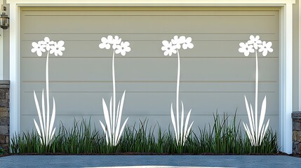 Wall Mural -   A fire hydrant sits before a garage door with vibrant flowers adorning the side