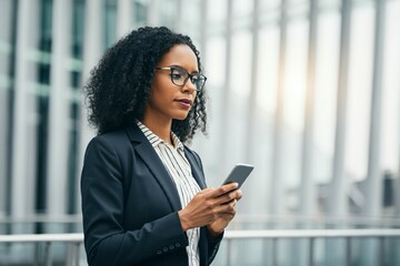 Wall Mural - A woman in a business suit is looking at her cell phone